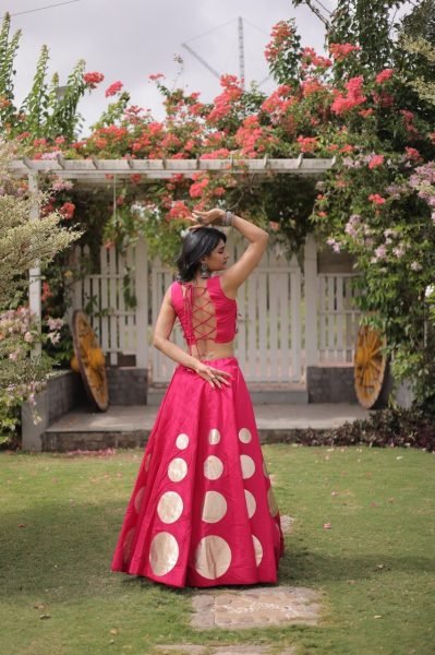 Hot Pink Roman Silk Lehenga Choli with Fully Stitched Blouse and Round Gota Work Navratri Lehnega Choli