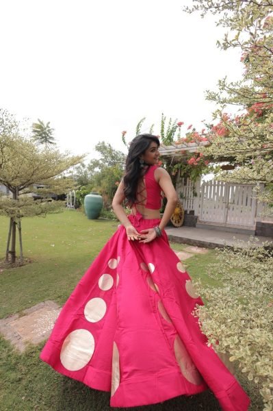 Hot Pink Roman Silk Lehenga Choli with Fully Stitched Blouse and Round Gota Work Navratri Lehnega Choli