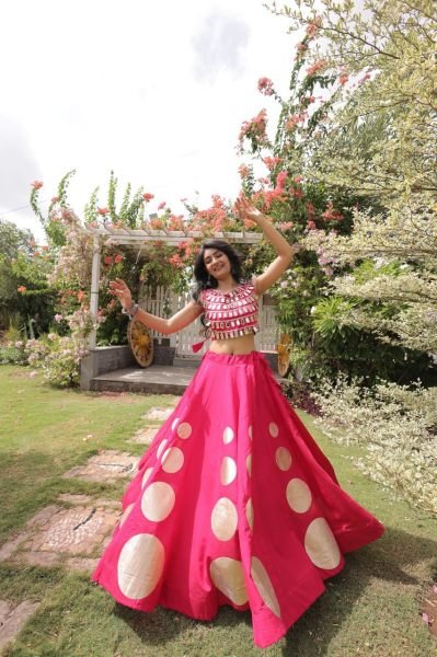 Hot Pink Roman Silk Lehenga Choli with Fully Stitched Blouse and Round Gota Work Navratri Lehnega Choli