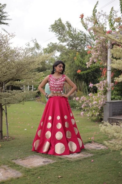 Hot Pink Roman Silk Lehenga Choli with Fully Stitched Blouse and Round Gota Work Navratri Lehnega Choli