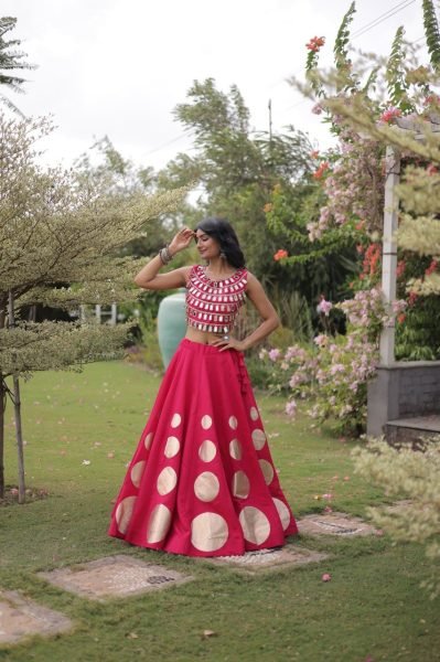 Hot Pink Roman Silk Lehenga Choli with Fully Stitched Blouse and Round Gota Work Navratri Lehnega Choli