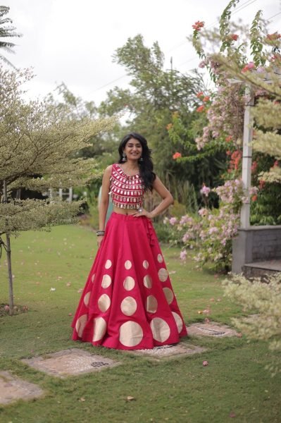 Hot Pink Roman Silk Lehenga Choli with Fully Stitched Blouse and Round Gota Work Navratri Lehnega Choli