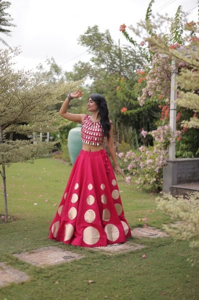 Hot Pink Roman Silk Lehenga Choli with Fully Stitched Blouse and Round Gota Work Navratri Lehnega Choli