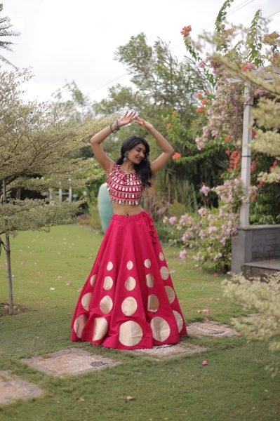 Hot Pink Roman Silk Lehenga Choli with Fully Stitched Blouse and Round Gota Work Navratri Lehnega Choli