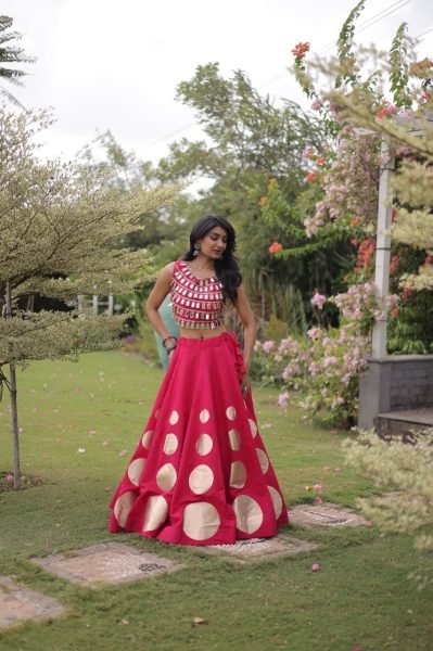Hot Pink Roman Silk Lehenga Choli with Fully Stitched Blouse and Round Gota Work Navratri Lehnega Choli
