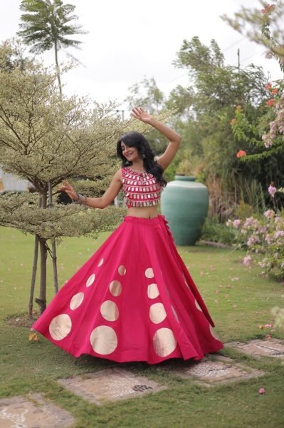 Hot Pink Roman Silk Lehenga Choli with Fully Stitched Blouse and Round Gota Work Navratri Lehnega Choli