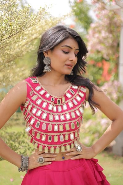 Hot Pink Roman Silk Lehenga Choli with Fully Stitched Blouse and Round Gota Work Navratri Lehnega Choli