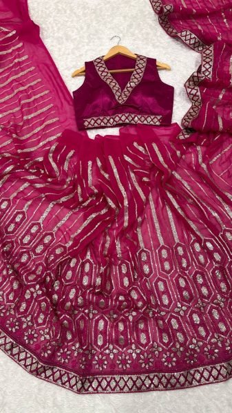 Hot Pink Satin Silk Saree with Matching Blouse Perfect for Partywear Look Georgette Sarees Wholesale