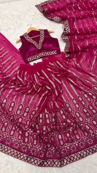 Hot Pink Satin Silk Saree with Matching Blouse Perfect for Partywear Look Georgette Sarees Wholesale