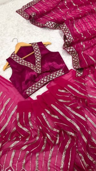 Hot Pink Satin Silk Saree with Matching Blouse Perfect for Partywear Look Georgette Sarees Wholesale