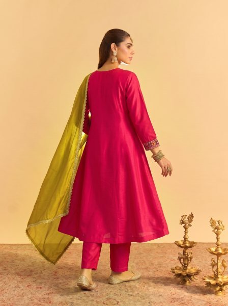 Hot Pink Vichitra Silk Embroidered Kurti Palazzo Dupatta Set for Feastival Embroidery Kurtis 