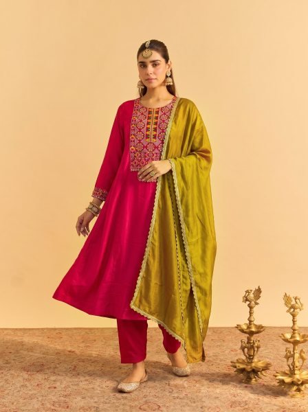 Hot Pink Vichitra Silk Embroidered Kurti Palazzo Dupatta Set for Feastival Embroidery Kurtis 