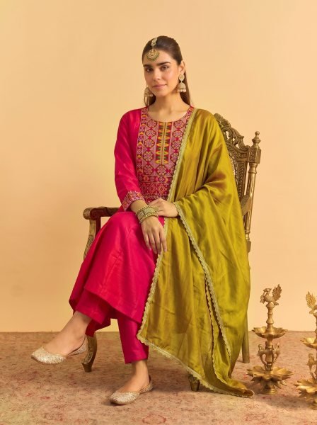 Hot Pink Vichitra Silk Embroidered Kurti Palazzo Dupatta Set for Feastival Embroidery Kurtis 