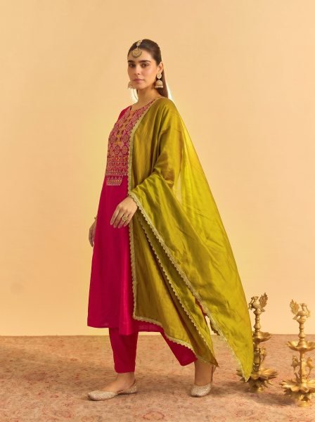 Hot Pink Vichitra Silk Embroidered Kurti Palazzo Dupatta Set for Feastival Embroidery Kurtis 