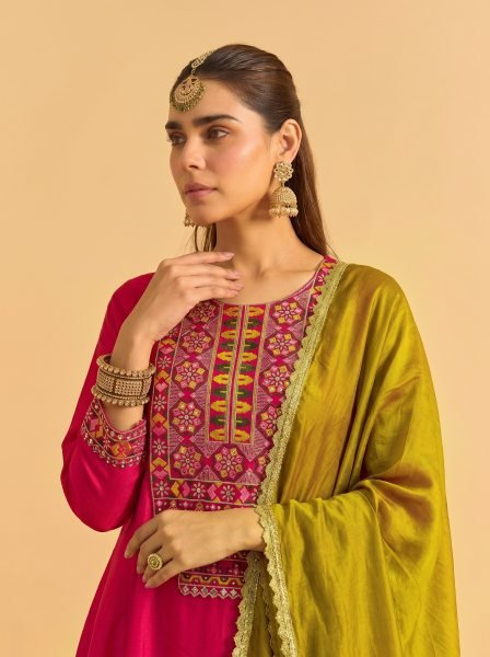 Hot Pink Vichitra Silk Embroidered Kurti Palazzo Dupatta Set for Feastival Embroidery Kurtis 