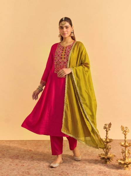 Hot Pink Vichitra Silk Embroidered Kurti Palazzo Dupatta Set for Feastival Embroidery Kurtis 