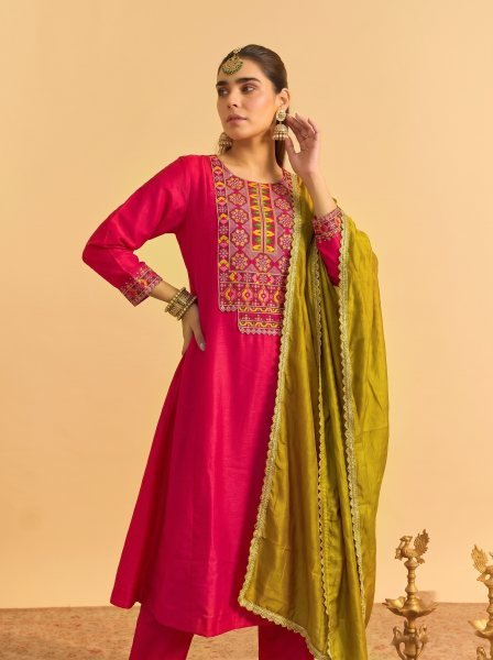 Hot Pink Vichitra Silk Embroidered Kurti Palazzo Dupatta Set for Feastival Embroidery Kurtis 