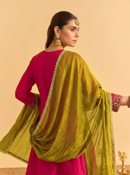 Hot Pink Vichitra Silk Embroidered Kurti Palazzo Dupatta Set for Feastival Embroidery Kurtis 