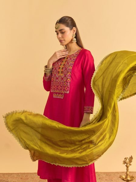 Hot Pink Vichitra Silk Embroidered Kurti Palazzo Dupatta Set for Feastival Embroidery Kurtis 