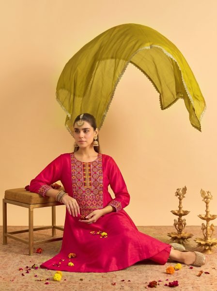 Hot Pink Vichitra Silk Embroidered Kurti Palazzo Dupatta Set for Feastival Embroidery Kurtis 