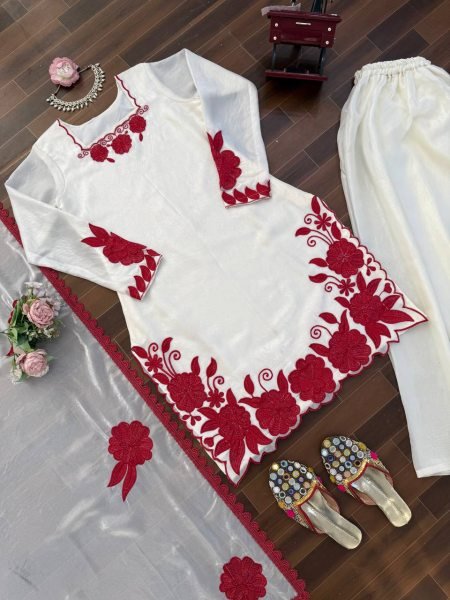 Hype Red And White Silk Farshi Pant Set with  Thread And Sequnce Dupatta Trendy Festive Collection  Ready To Wear Collection