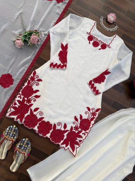 Hype Red And White Silk Farshi Pant Set with  Thread And Sequnce Dupatta Trendy Festive Collection  Ready To Wear Collection