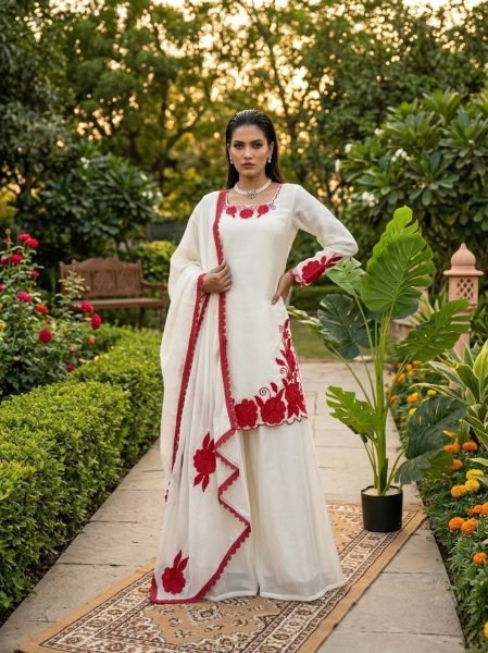 Hype Red And White Silk Farshi Pant Set with  Thread And Sequnce Dupatta Trendy Festive Collection  Ready To Wear Collection