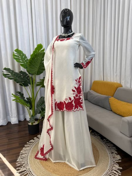 Hype Red And White Silk Farshi Pant Set with  Thread And Sequnce Dupatta Trendy Festive Collection  Ready To Wear Collection