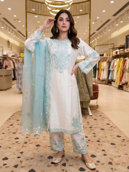Ice Blue Pur Roman Glass With Embroidery Thread Work Suit With Bottom And Soft Liaoning Naylon Orgenza Dupatta 