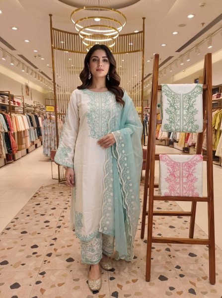 Ice Blue Pur Roman Glass With Embroidery Thread Work Suit With Bottom And Soft Liaoning Naylon Orgenza Dupatta Ready To Wear Collection