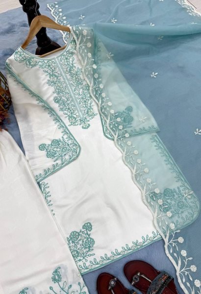Ice Blue Pur Roman Glass With Embroidery Thread Work Suit With Bottom And Soft Liaoning Naylon Orgenza Dupatta Ready To Wear Collection