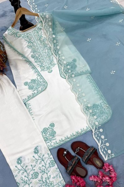 Ice Blue Pur Roman Glass With Embroidery Thread Work Suit With Bottom And Soft Liaoning Naylon Orgenza Dupatta Ready To Wear Collection