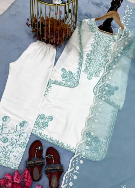 Ice Blue Pur Roman Glass With Embroidery Thread Work Suit With Bottom And Soft Liaoning Naylon Orgenza Dupatta Ready To Wear Collection