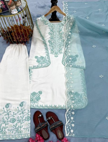 Ice Blue Pur Roman Glass With Embroidery Thread Work Suit With Bottom And Soft Liaoning Naylon Orgenza Dupatta Ready To Wear Collection