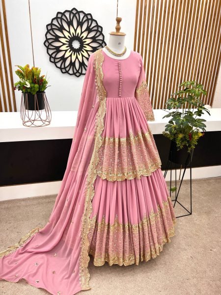 Iconic Baby Pink Georgette Lehenga Choli Set With Sequence Work For Weddings Wear Ready To Wear Collection