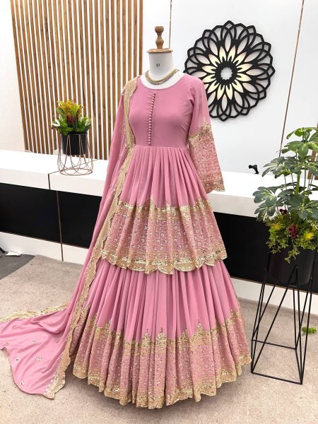 Iconic Baby Pink Georgette Lehenga Choli Set With Sequence Work For Weddings Wear Ready To Wear Collection