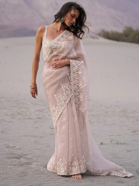 Iconic Baby Pink Premium Soft Tabby Organza Saree with C Pallu Sequins Embroidery 