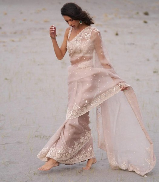 Iconic Baby Pink Premium Soft Tabby Organza Saree with C Pallu Sequins Embroidery Embroidery Sarees Wholesale