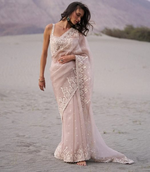 Iconic Baby Pink Premium Soft Tabby Organza Saree with C Pallu Sequins Embroidery Embroidery Sarees Wholesale