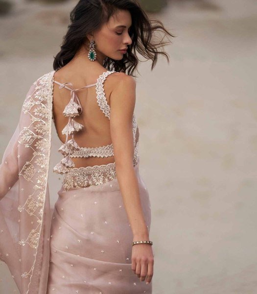 Iconic Baby Pink Premium Soft Tabby Organza Saree with C Pallu Sequins Embroidery Embroidery Sarees Wholesale