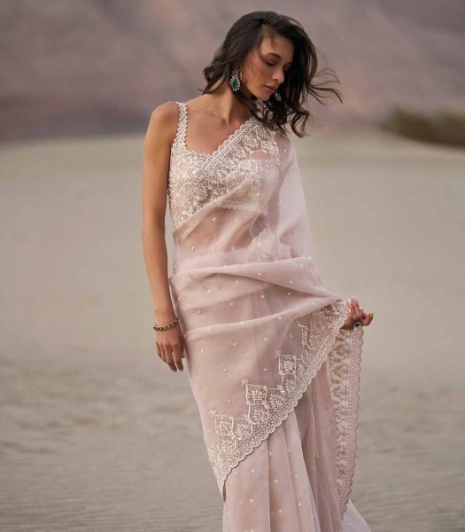 Iconic Baby Pink Premium Soft Tabby Organza Saree with C Pallu Sequins Embroidery Embroidery Sarees Wholesale