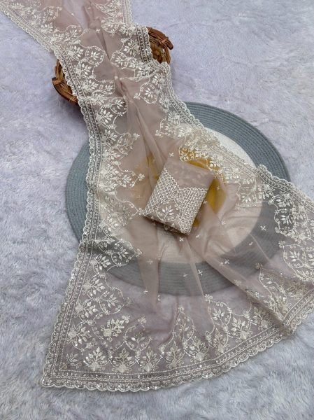 Iconic Baby Pink Premium Soft Tabby Organza Saree with C Pallu Sequins Embroidery Embroidery Sarees Wholesale