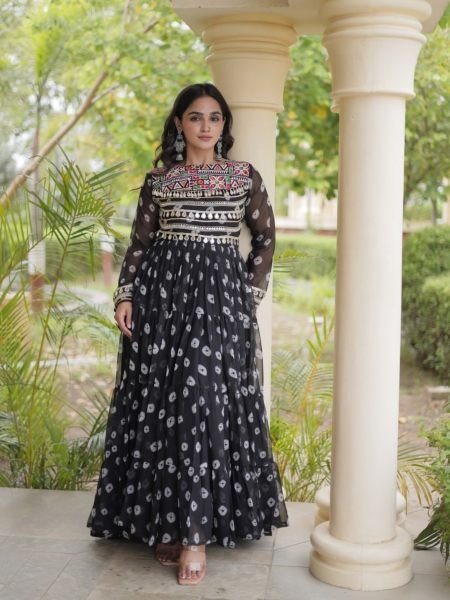 Iconic Black Bandhani Print Faux Georgette Gown with Kutchi Patchwork For Garba 