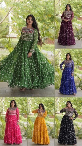 Iconic Black Bandhani Print Faux Georgette Gown with Kutchi Patchwork For Garba Anarkali Kurtis 