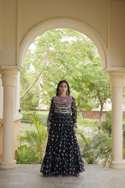 Iconic Black Bandhani Print Faux Georgette Gown with Kutchi Patchwork For Garba Anarkali Kurtis 