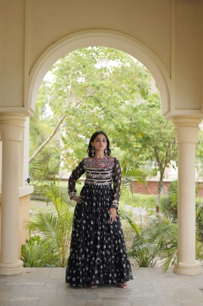 Iconic Black Bandhani Print Faux Georgette Gown with Kutchi Patchwork For Garba Anarkali Kurtis 