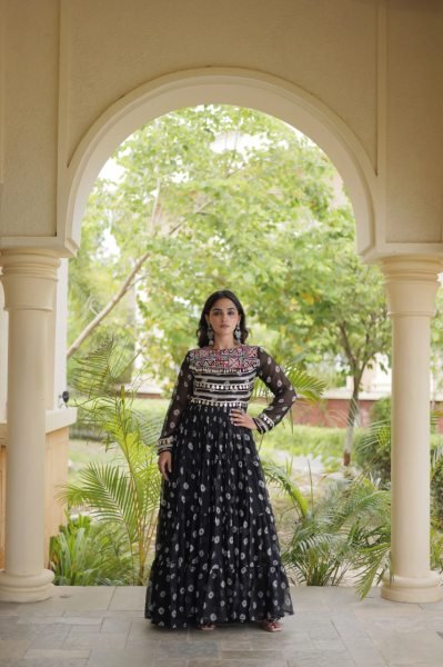 Iconic Black Bandhani Print Faux Georgette Gown with Kutchi Patchwork For Garba Anarkali Kurtis 