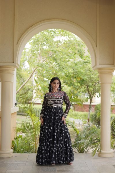 Iconic Black Bandhani Print Faux Georgette Gown with Kutchi Patchwork For Garba Anarkali Kurtis 