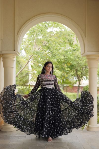 Iconic Black Bandhani Print Faux Georgette Gown with Kutchi Patchwork For Garba Anarkali Kurtis 