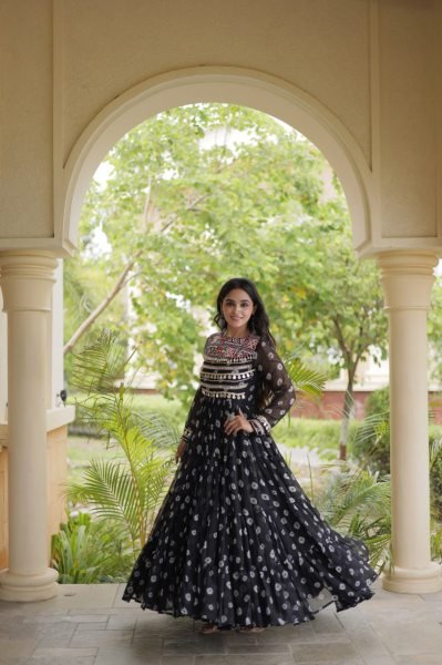 Iconic Black Bandhani Print Faux Georgette Gown with Kutchi Patchwork For Garba Anarkali Kurtis 